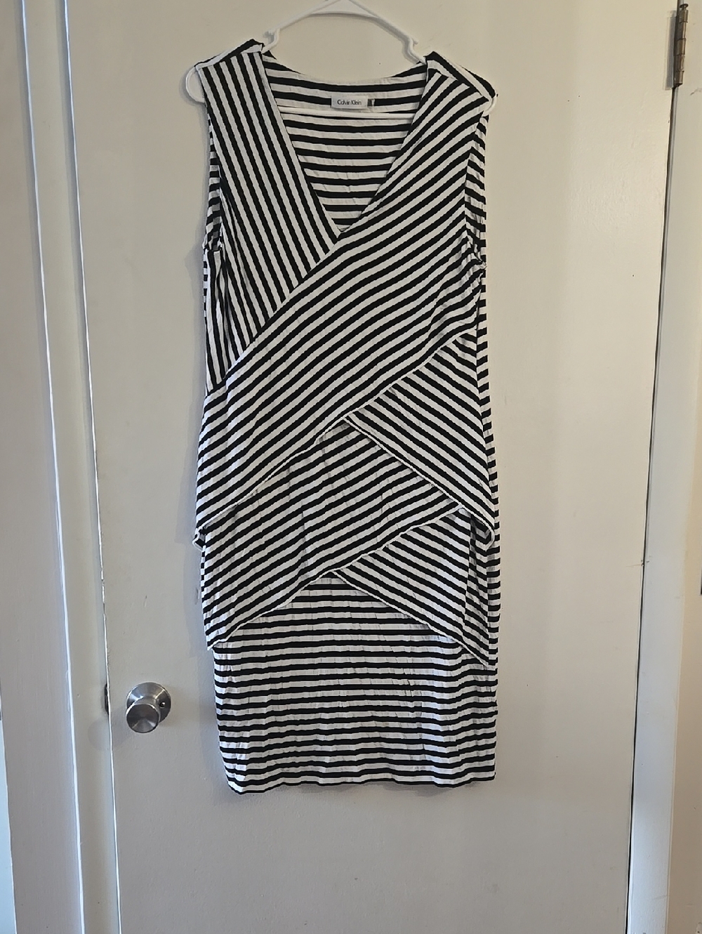 Calvin Klein Black & White Striped Sleeveless Wrap-Style Midi Dress